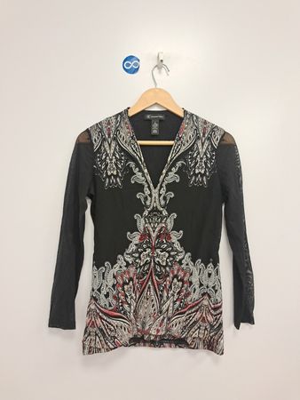 INC International Concepts Black Paisley Mesh V-Neck Long Sleeve Top