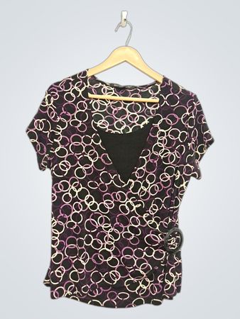 BRIGGS NEW YORK Damen schwarzes-lila-weißes Circles V-Ausschnitt Kurzarm-Oberteil mit Gürtel