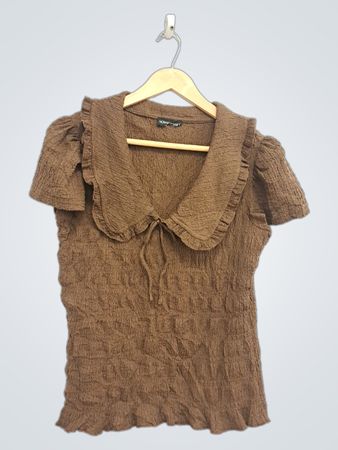 MODERN WORKS Brown Textured Collared Puff Sleeve Top