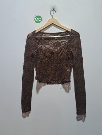 Braune Spitzen-Cropped-Longsleeve-Shirt