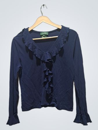 Lauren Ralph Lauren marineblaues langärmeliges Oberteil mit Rüschen