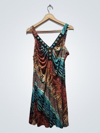 Damen ärmelloses V-Ausschnitt Kleid mit Perlen und Animal-Print
