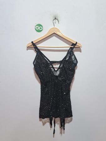 Black sequined lingerie top with garter straps