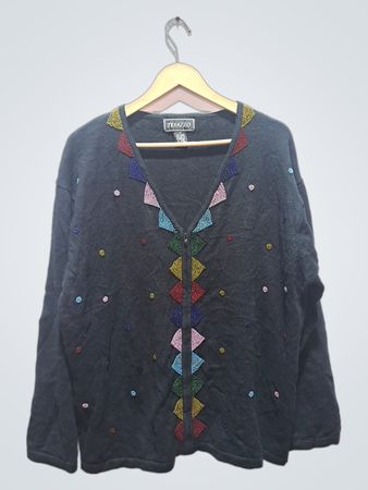 Terrazzo Damen Strickjacke mit schwarzen Perlen und geometrischem Muster