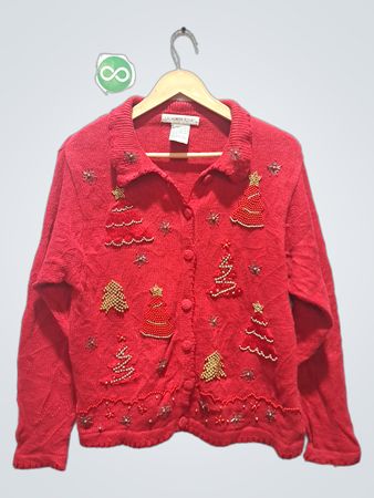 Victoria Jones Roter Weihnachtsbaum Perlenstrickjacke