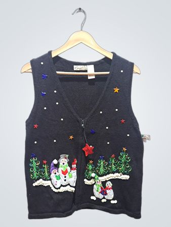 Kim Rogers Damen Schwarze V-Ausschnitt Schneemann Weihnachten Weste