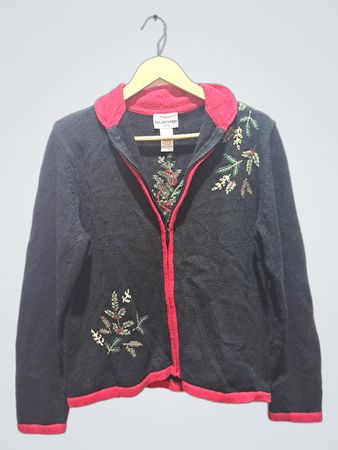 Breckenridge Petite Schwarzer bestickter Weihnachtsbaum Reißverschluss-Cardigan