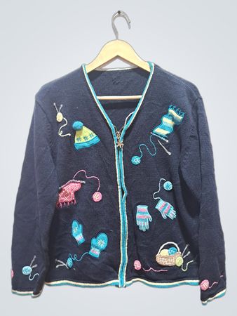 Marineblauer Cardigan mit gestrickten Wintermotiven