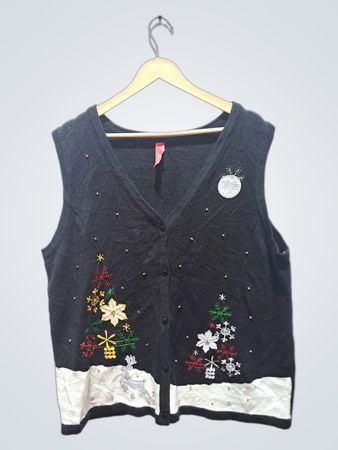 Schwarze ärmellose Weihnachtsstrickweste mit Bäumen und Rentieren