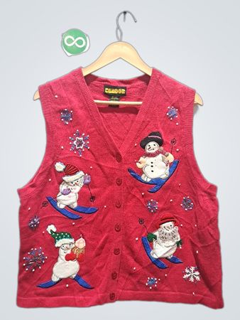 COODOS Rotes Ärmelloses Weste mit Schneemann-Skifahrer-Applikationen