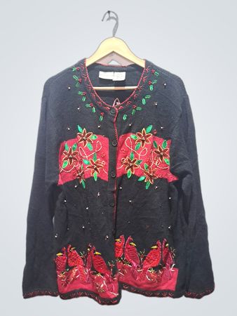 White Stag Damen Plus Schwarzer Kardinal- & Blumenbestickter Cardigan