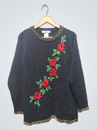 Victoria Jones schwarzer Pullover mit roter, floral bestickter Perlenverzierung