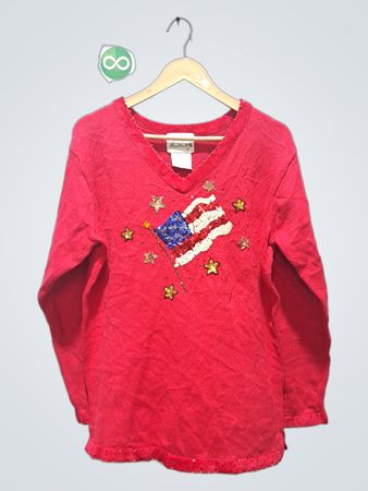 Der Quaker Factory Red V-Neck Pullover mit amerikanischem Flaggen-Design
