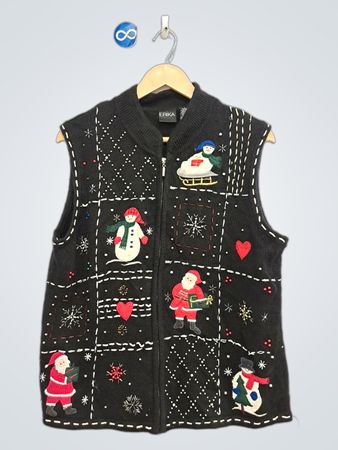 Erika Black Weihnachtsweste mit Schneemann- und Weihnachtsmann-Applikationen