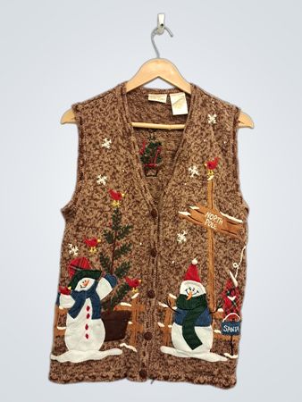 Braunes ärmelloses Weihnachtsweste mit Schneemännern und Weihnachtsbaum