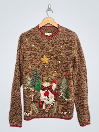 Damenbrauner Snowman Weihnachts-Pullover