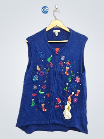 Kim Rogers blaue ärmellose Weihnachts-Strickweste