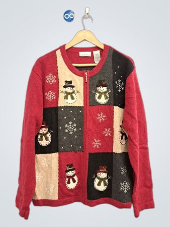 Croft & Barrow Women's Snowman Patchwork Zip-Up Cardigan