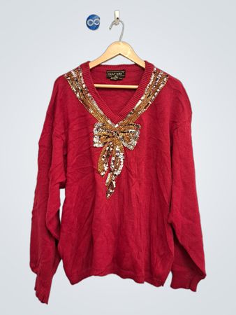 Maurada Roter Pailletten-Schleifen-V-Ausschnitt-Pullover
