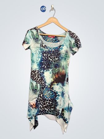 Joly Divine Women's M/M Blue Green Peacock & Leopard Print Asymmetrical Tunic Top