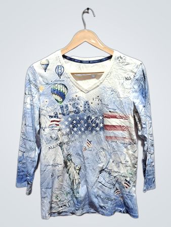 All American USA Flag Freiheitsstatue Heißluftballon Druck V-Ausschnitt Langarmshirt
