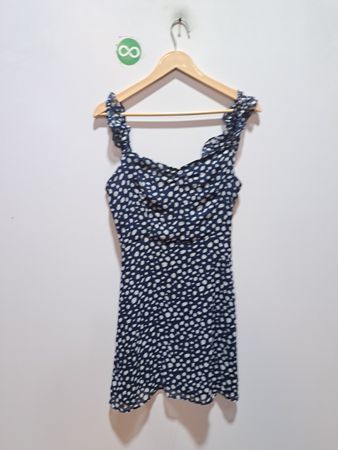 All in Favor Navy and White Polka Dot Ruffle Strap Dress