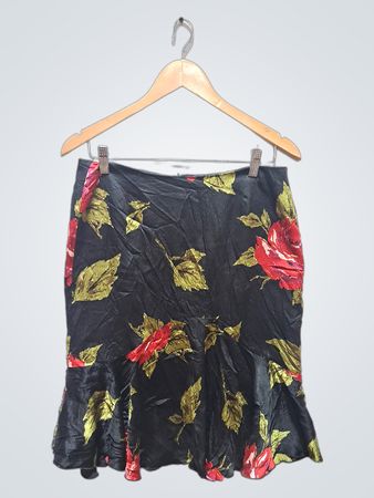 Trina Turk Los Angeles Schwarzer Rosenprint Rock mit Volantbesatz Größe 8