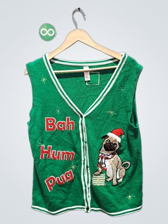 Grüne ärmellose Weste mit Mops-Weihnachtsgrafik