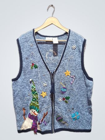 White Stag Women's Blue Christmas Vest with Snowman and Ornaments