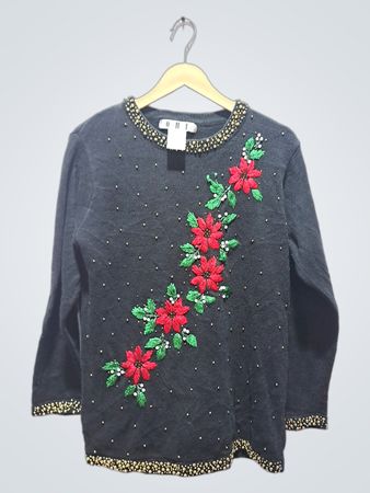 O.H.L. Black Perlenbesetzter Blumiger Weihnachts-Pullover