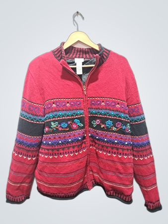 KORET Damen rote Strickjacke mit floralem Muster und Reißverschluss