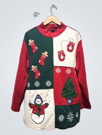 Karen Scott Sport Weihnachts-Patchwork Schneemann Baum Fäustling Strumpf Langärmeliges Fake-Turtleneck-Oberteil