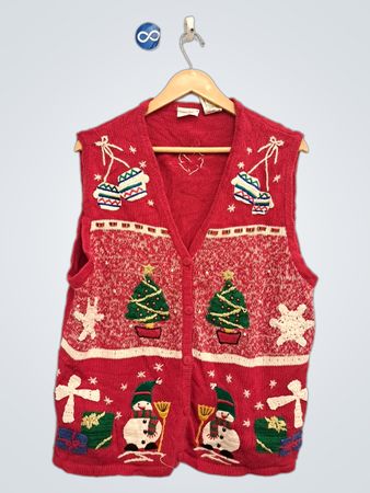 Beeren & Sahne roter Weihnachts-Strickweste mit Schneemännern und Tannenbäumen