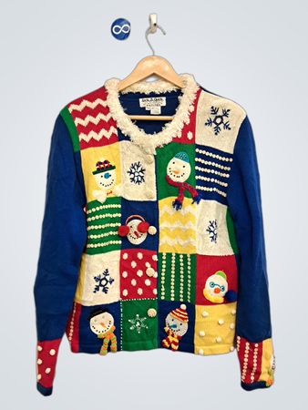 Jack B. Quick Petites Snowman Patchwork Cardigan