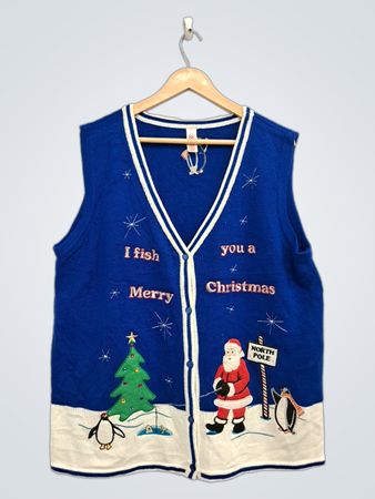 Blaue Weihnachtsweste mit Pinguinen und Santa