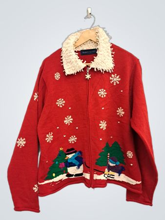 Karen Scott Roter Schneemann- und Weihnachtsbaum-Reißverschluss-Pullover