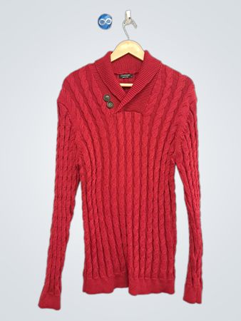 GOOFANDY Roter Kabelstrick-Schalkragen-Knopfpullover
