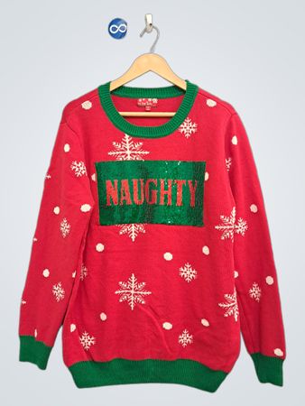 Roter Weihnachtspullover mit „NAUGHTY“-Paillettenverzierung und Schneeflocken