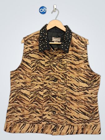 Tanjay Women's Tiger Print Beaded Collar Vest