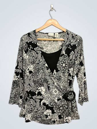 Kim Rogers Damen Schwarz Weiß Paisley-Print 3/4-Arm Wickeloberteil