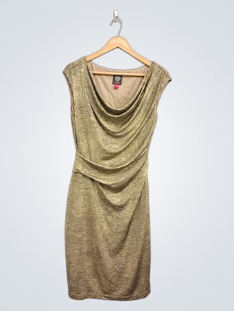Vince Camuto Gold Metallic Cowl-Neck Kleid mit Raffung