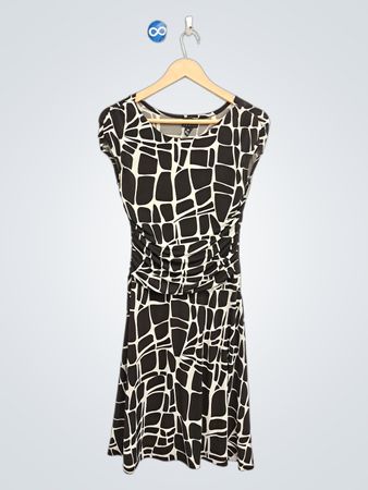 EN FOCUS PETITE Damen Braun-weißes abstraktes Druckkleid mit gerafftem Etuibein Größe 4P