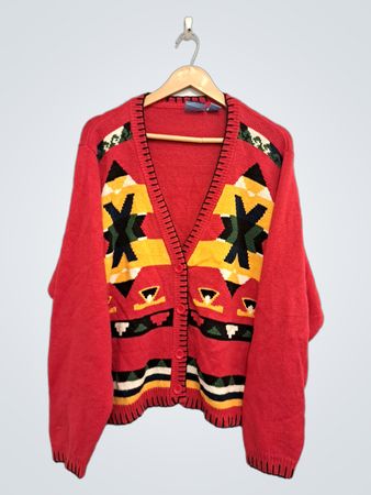 Beyond Blue Red Geometric Pattern Button-Up Cardigan