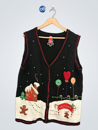 Ärmellose Weihnachtsweste mit Lebkuchenhaus- und Bonbondekorationen