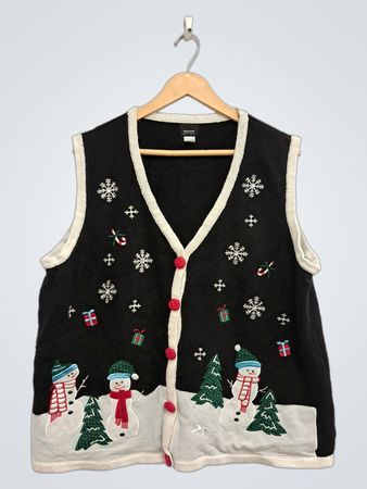 Edizioni Natalizie Gilet con Bottoni a V Black Snowman e Snowflake
