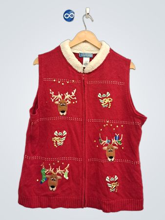 Classic Elements Women's Red Reindeer Candy Cane Christmas Vest