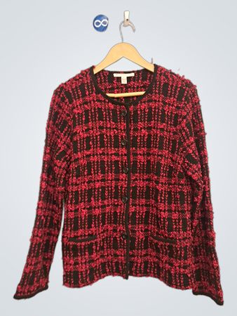 JK Collection Women's Red and Black Plaid Textured Button-Up Cardigan