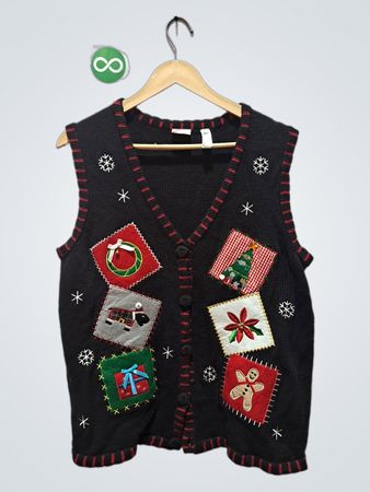Holiday Editions Black Christmas Vest with Patches