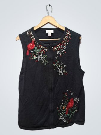 Quacker Factory Women's Black Cardinal & Snowflake Embroidered Zip-Up Vest