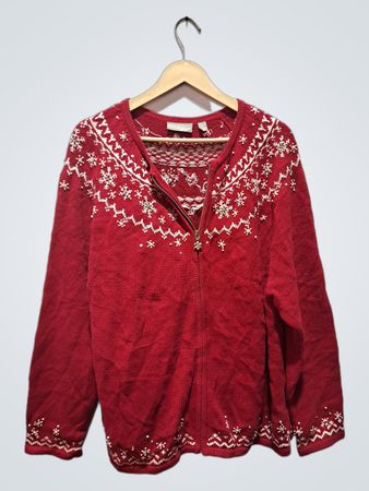 Croft & Barrow Red Snowflake Knit Zip-Up Sweater